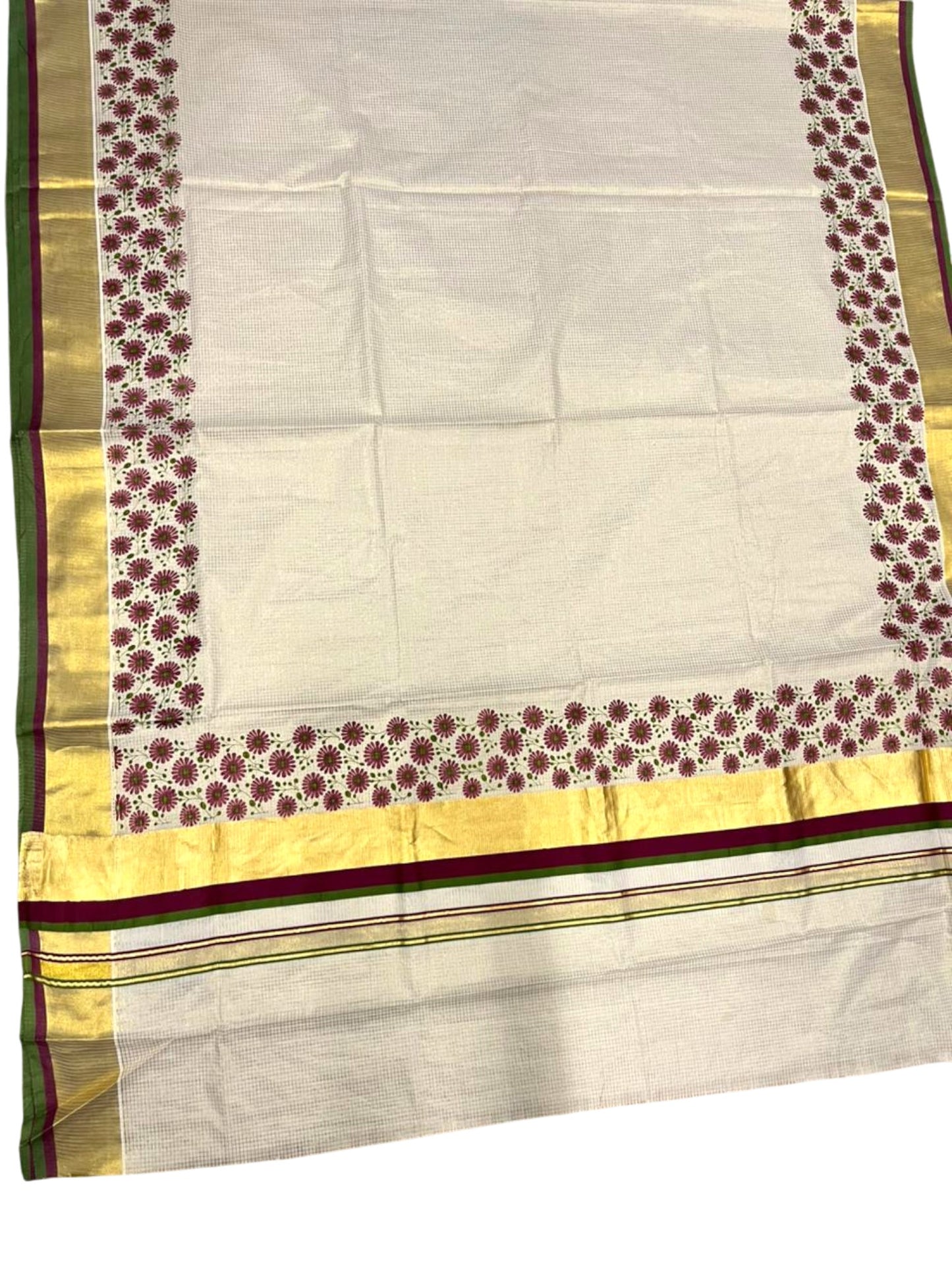Southloom Kerala Cotton Kasavu Saree with Micro Check And Floral Design on Body In Purple And Olive Green Border SL357