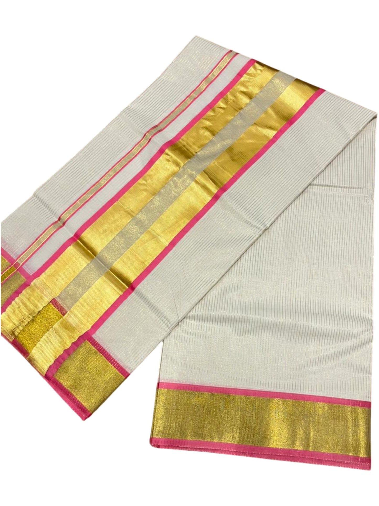 Southloom Kerala Cotton Kasavu Saree with Micro Stripes on Body In Pink Border SL361