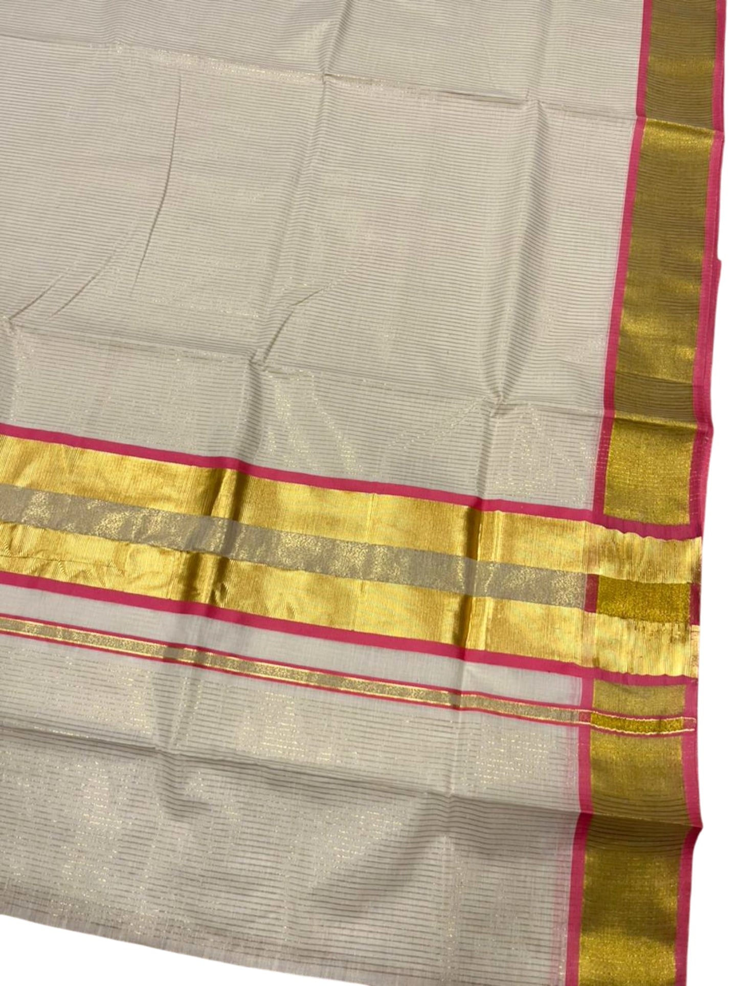 Southloom Kerala Cotton Kasavu Saree with Micro Stripes on Body In Pink Border SL361