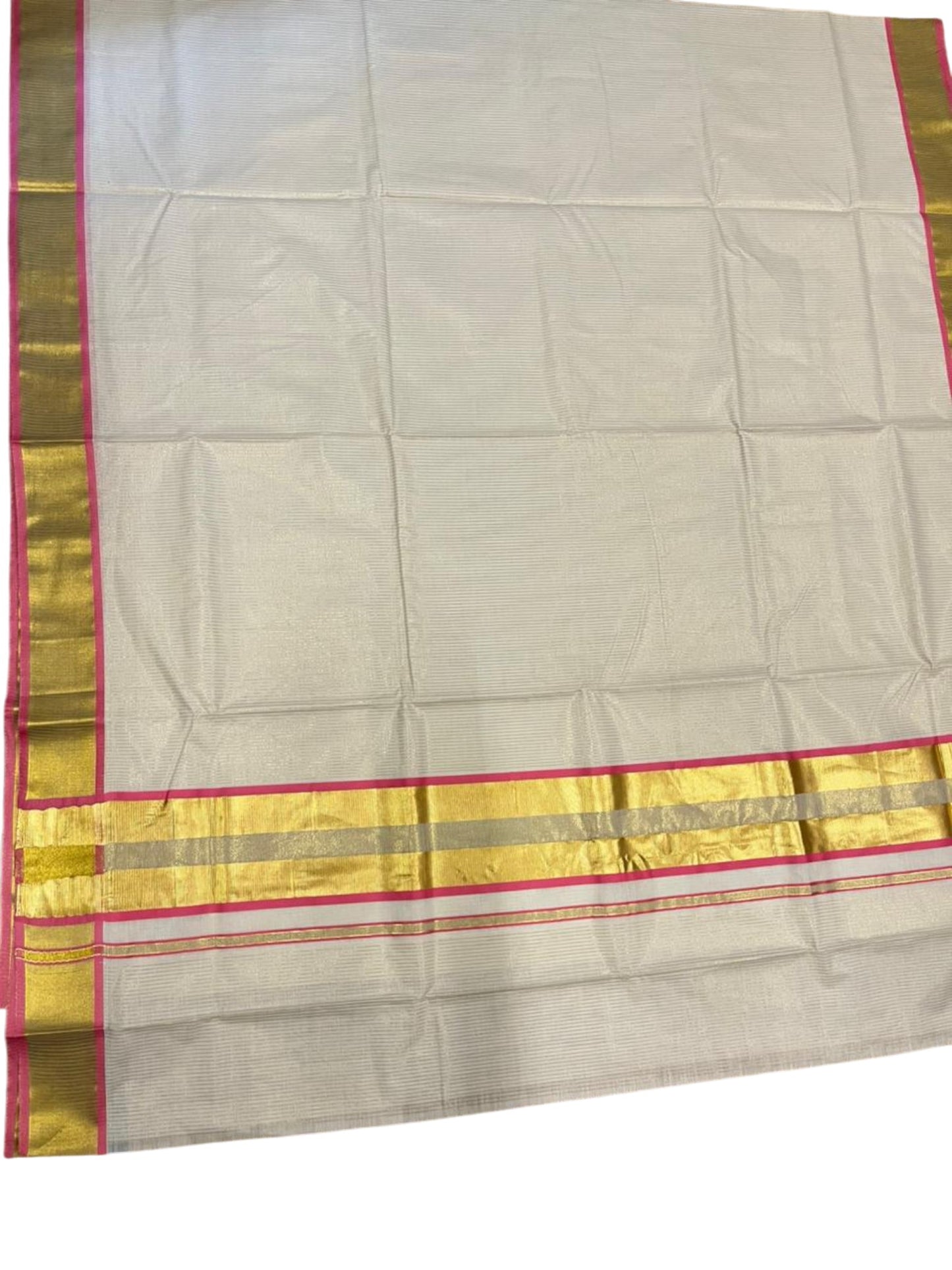 Southloom Kerala Cotton Kasavu Saree with Micro Stripes on Body In Pink Border SL361