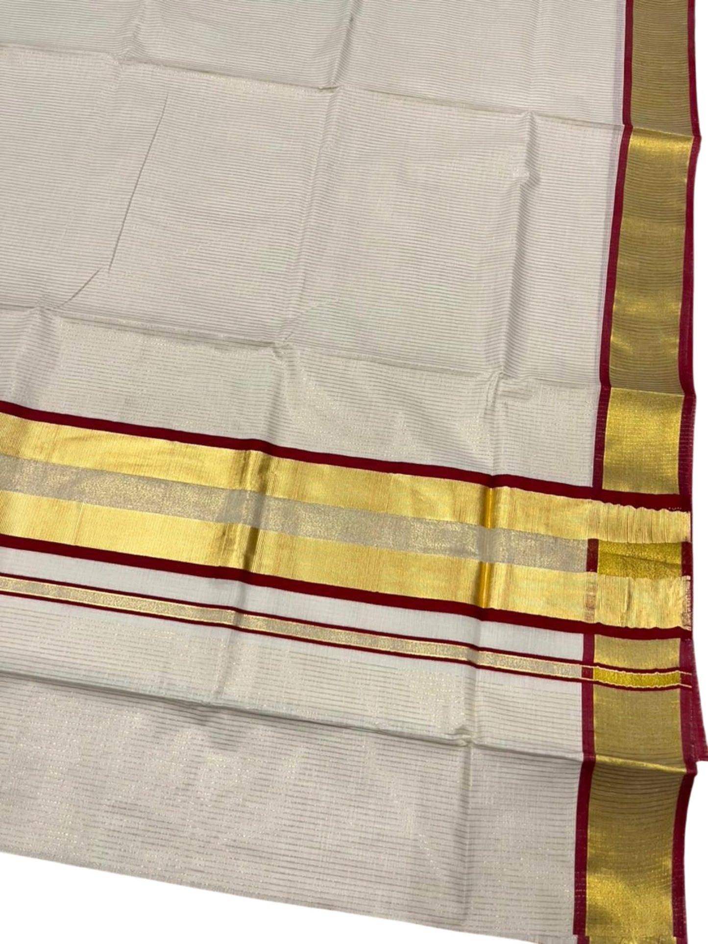 Southloom Kerala Cotton Kasavu Saree with Micro Stripes on Body In Maroon Border SL361