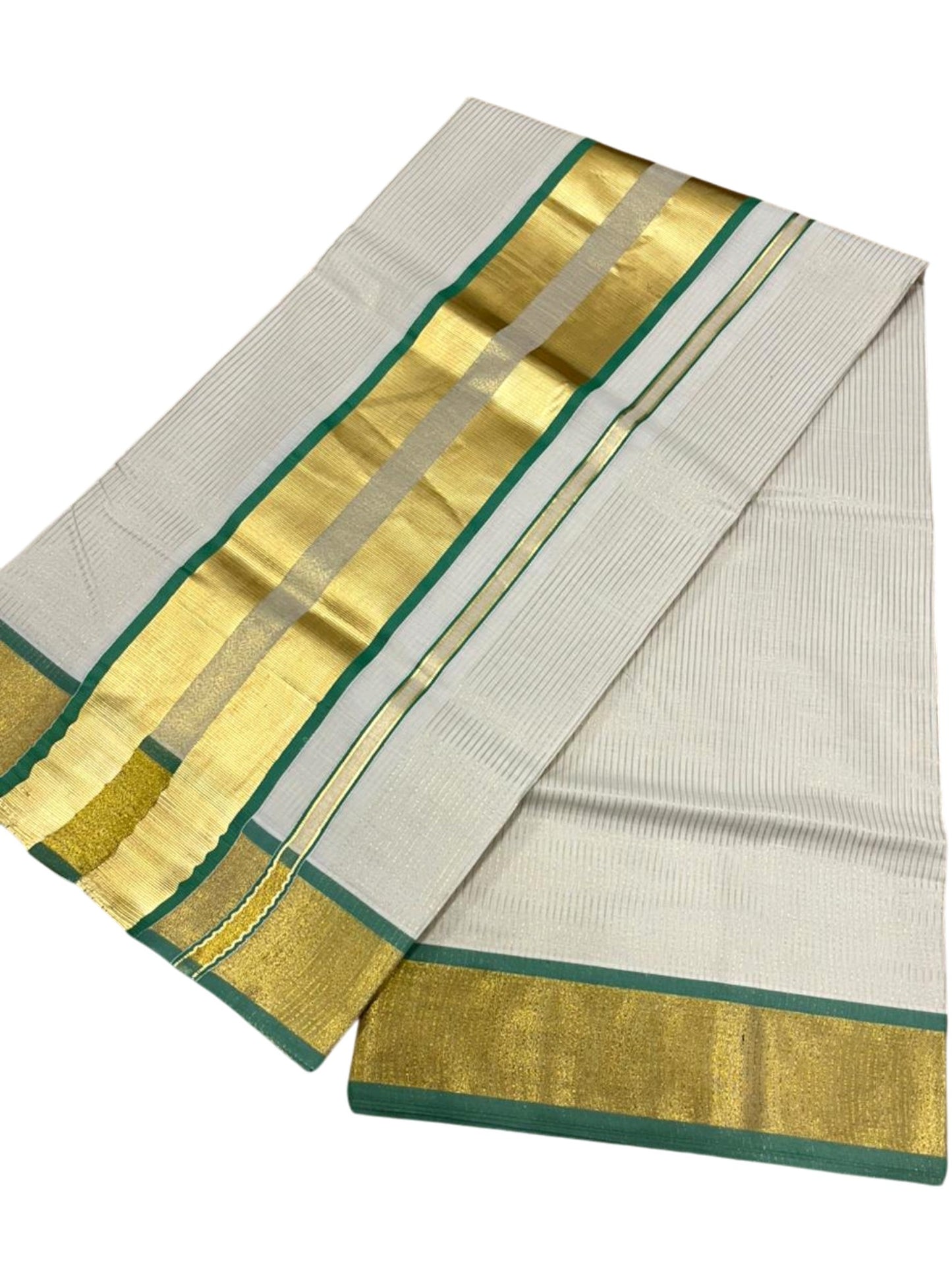 Southloom Kerala Cotton Kasavu Saree with Micro Stripes on Body In Green Border SL361
