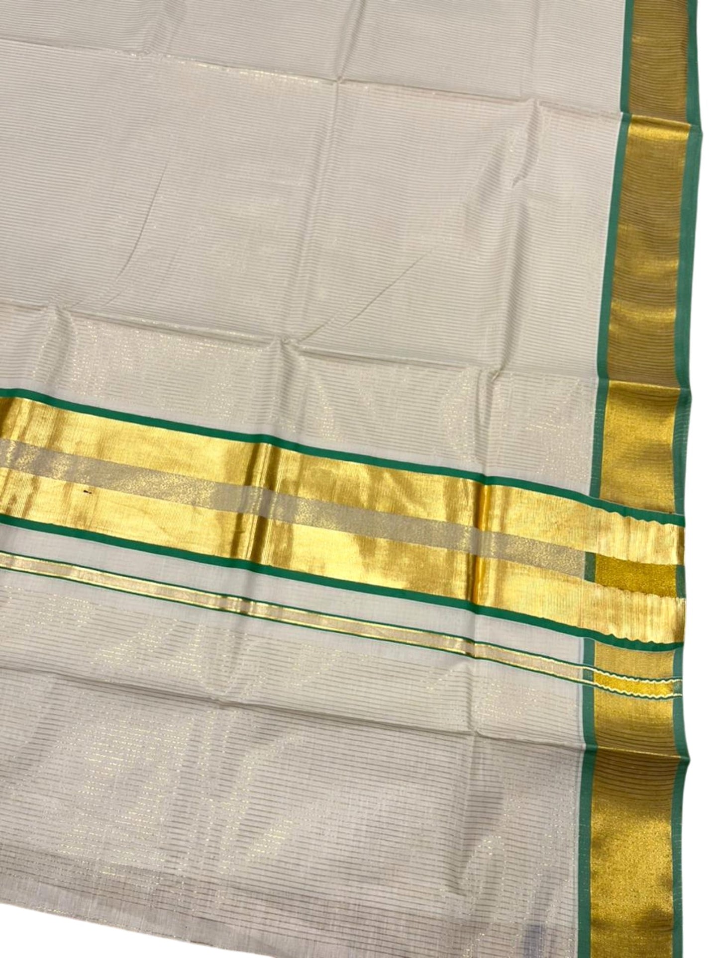 Southloom Kerala Cotton Kasavu Saree with Micro Stripes on Body In Green Border SL361
