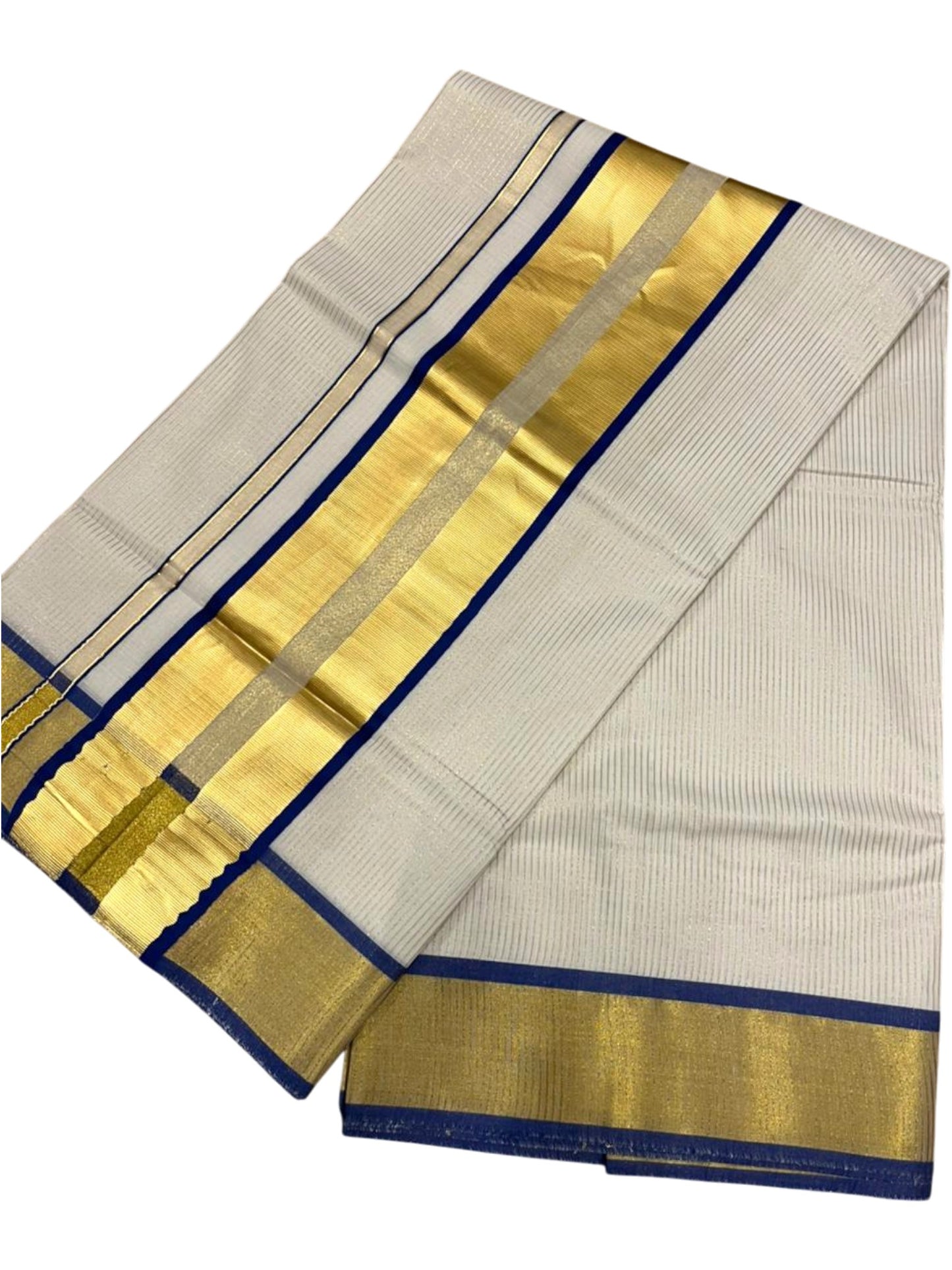 Southloom Kerala Cotton Kasavu Saree with Micro Stripes on Body In Blue Border SL361