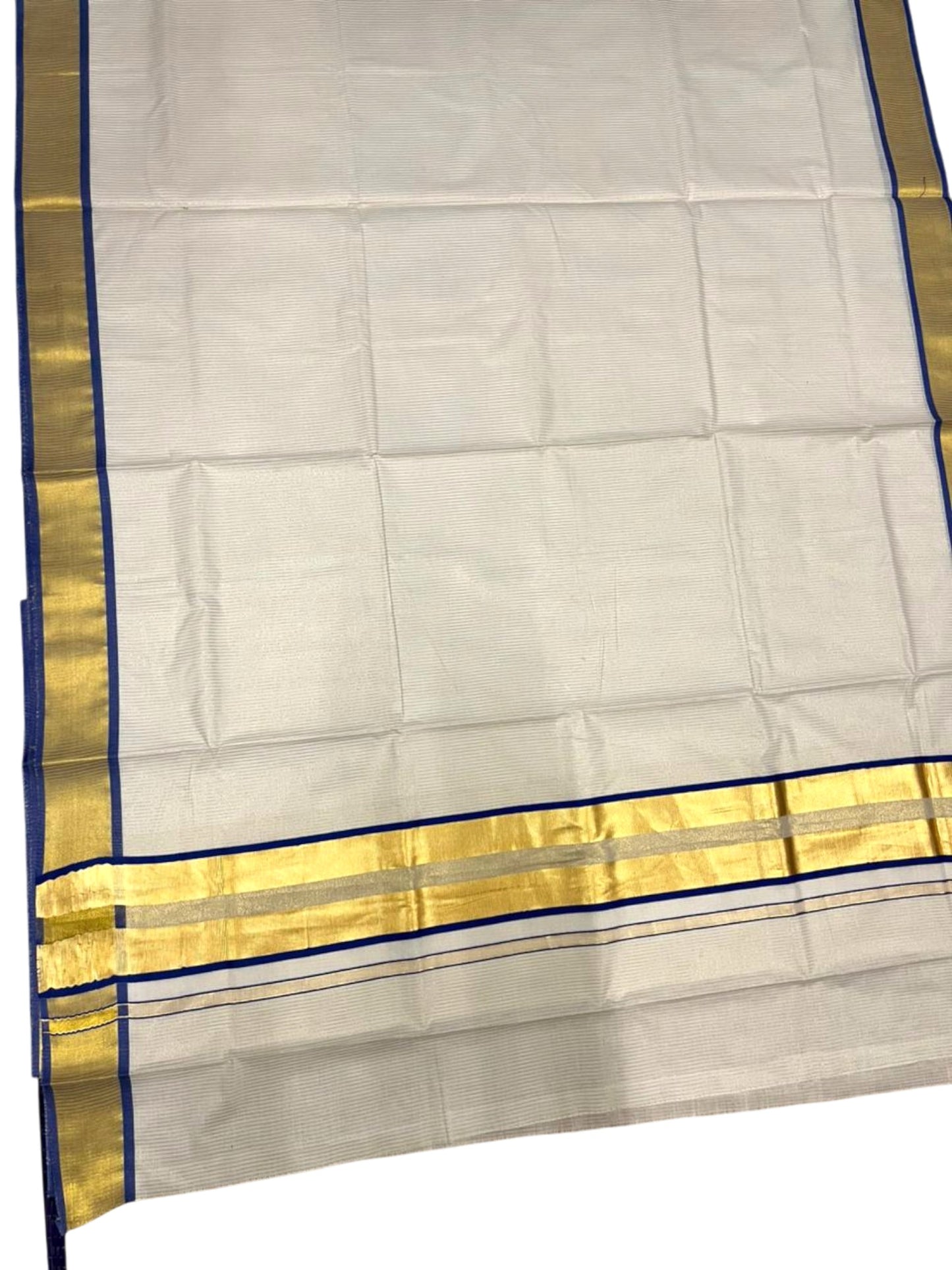 Southloom Kerala Cotton Kasavu Saree with Micro Stripes on Body In Blue Border SL361