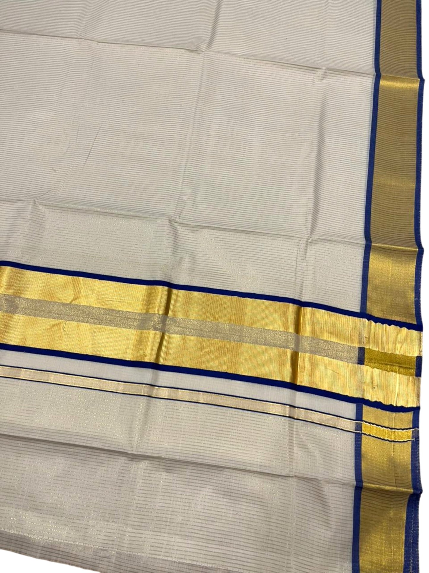 Southloom Kerala Cotton Kasavu Saree with Micro Stripes on Body In Blue Border SL361