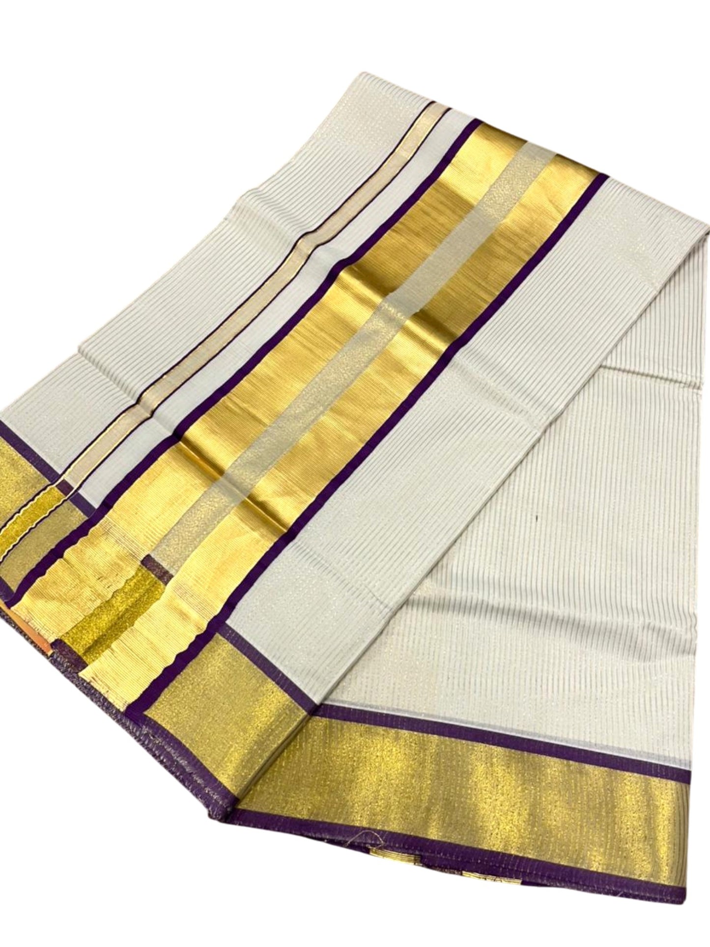 Southloom Kerala Cotton Kasavu Saree with Micro Stripes on Body In Violet Border SL361