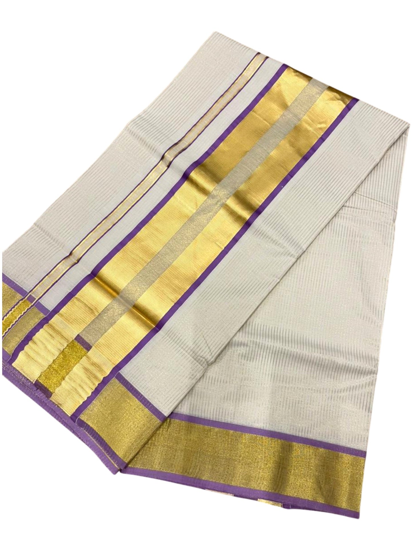 Southloom Kerala Cotton Kasavu Saree with Micro Stripes on Body In Lavender Border SL361