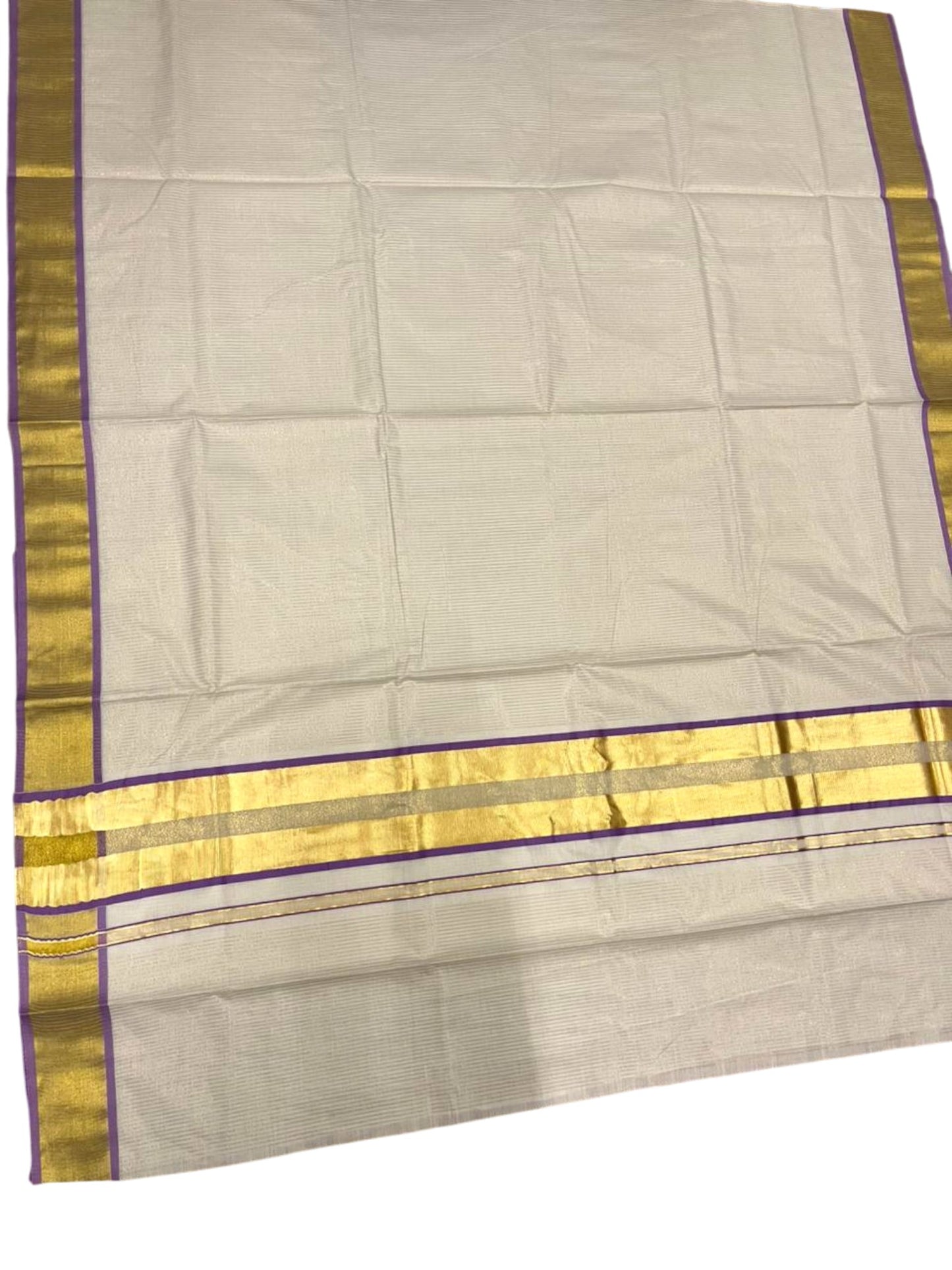 Southloom Kerala Cotton Kasavu Saree with Micro Stripes on Body In Lavender Border SL361