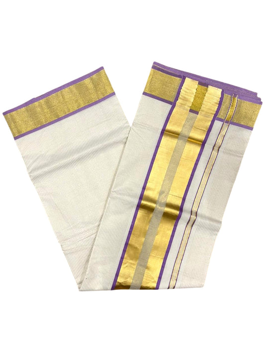 Southloom Kerala Cotton Kasavu Saree with Micro Stripes on Body In Lavender Border SL361