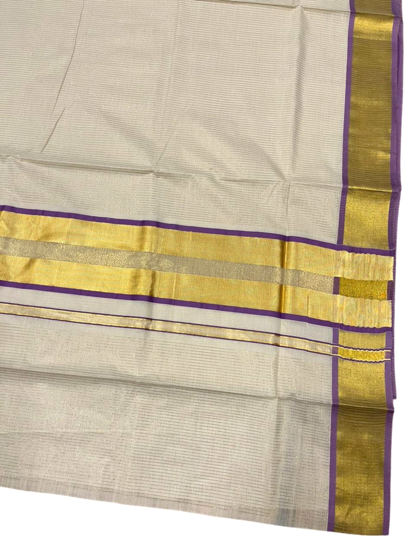Southloom Kerala Cotton Kasavu Saree with Micro Stripes on Body In Lavender Border SL361