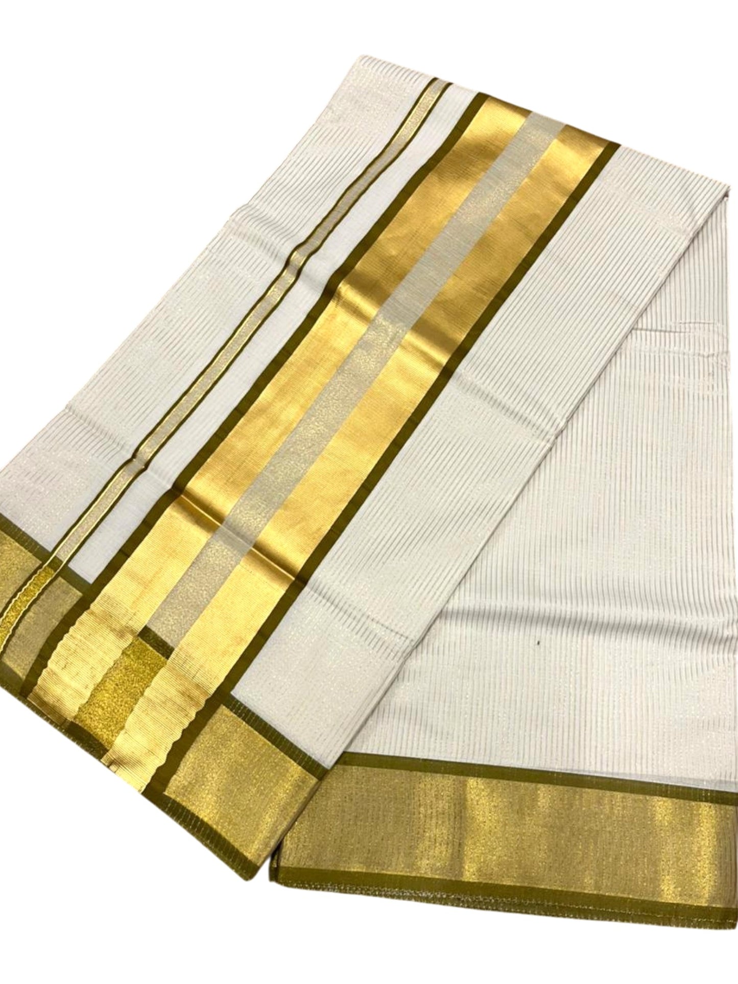 Southloom Kerala Cotton Kasavu Saree with Micro Stripes on Body In Olive Green Border SL361