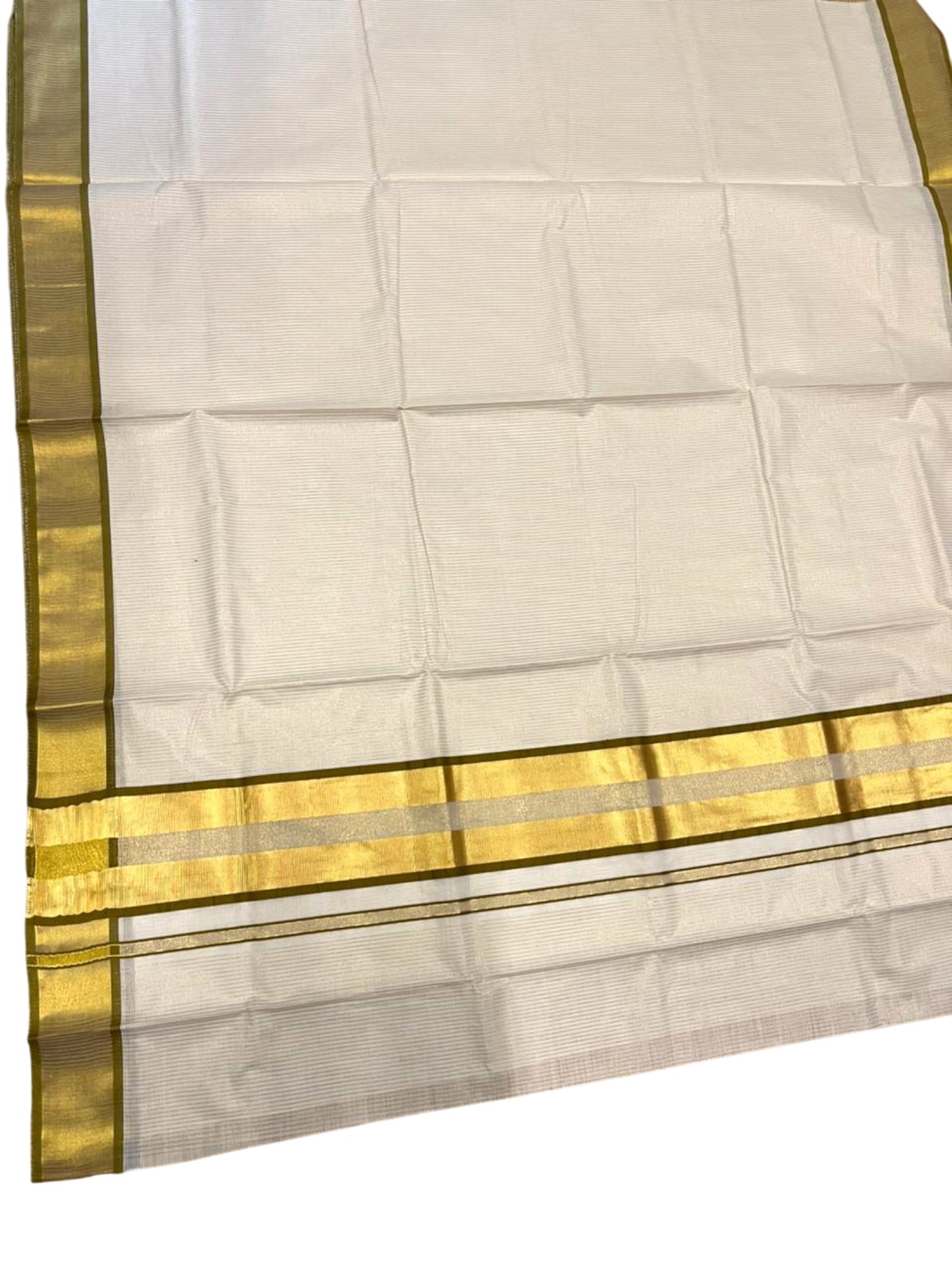 Southloom Kerala Cotton Kasavu Saree with Micro Stripes on Body In Olive Green Border SL361