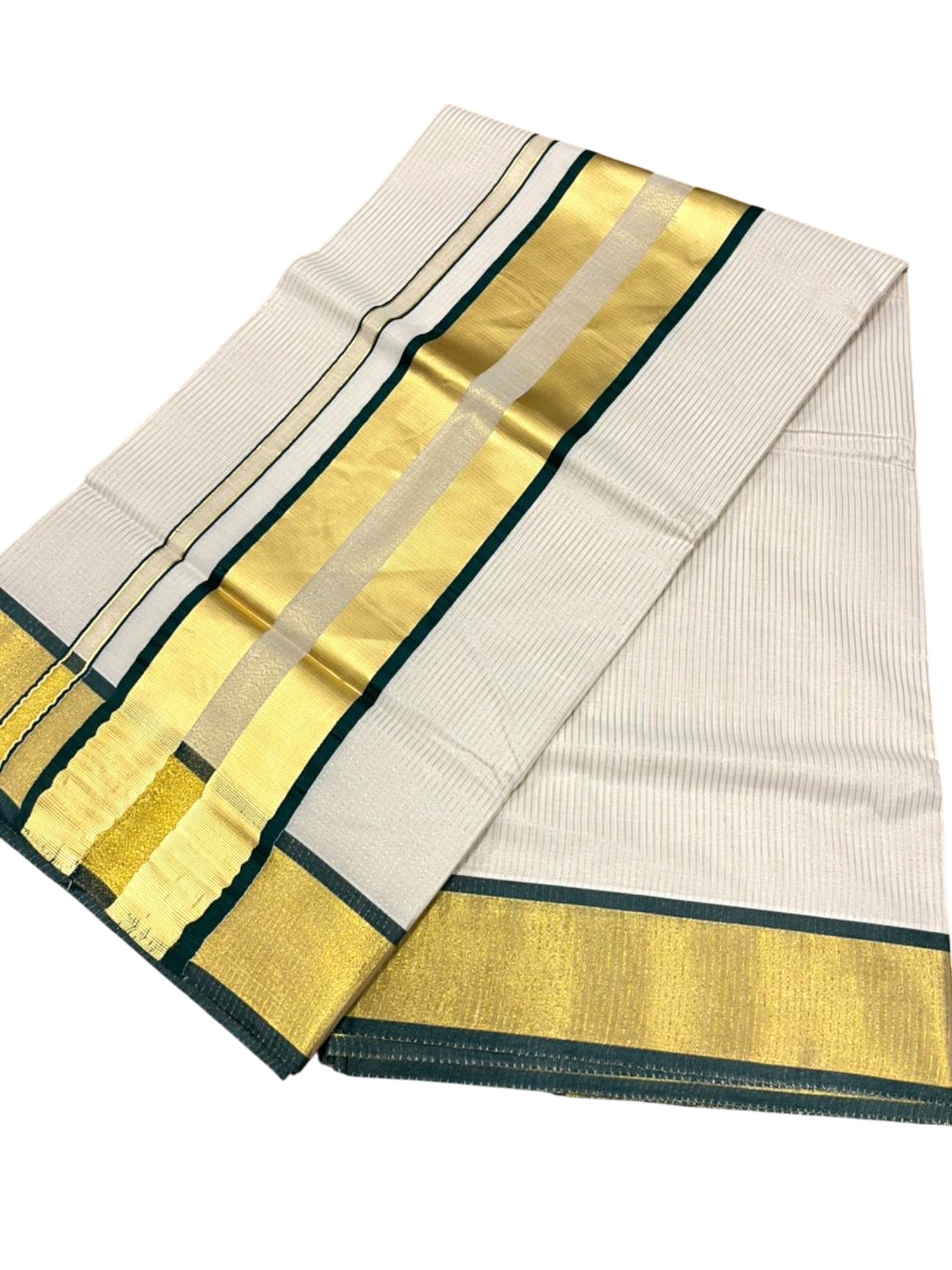 Southloom Kerala Cotton Kasavu Saree with Micro Stripes on Body In Green Border SL361
