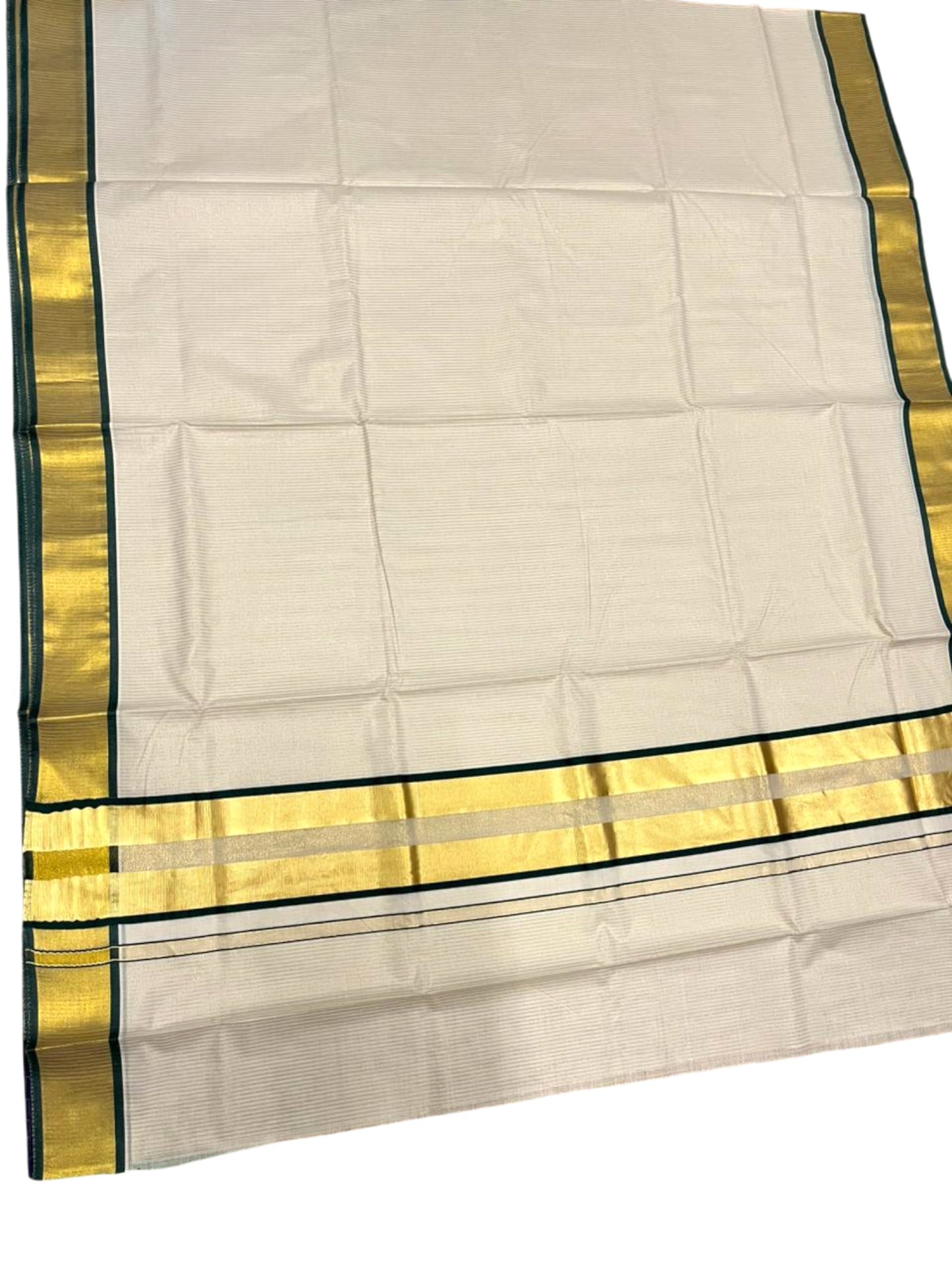 Southloom Kerala Cotton Kasavu Saree with Micro Stripes on Body In Green Border SL361