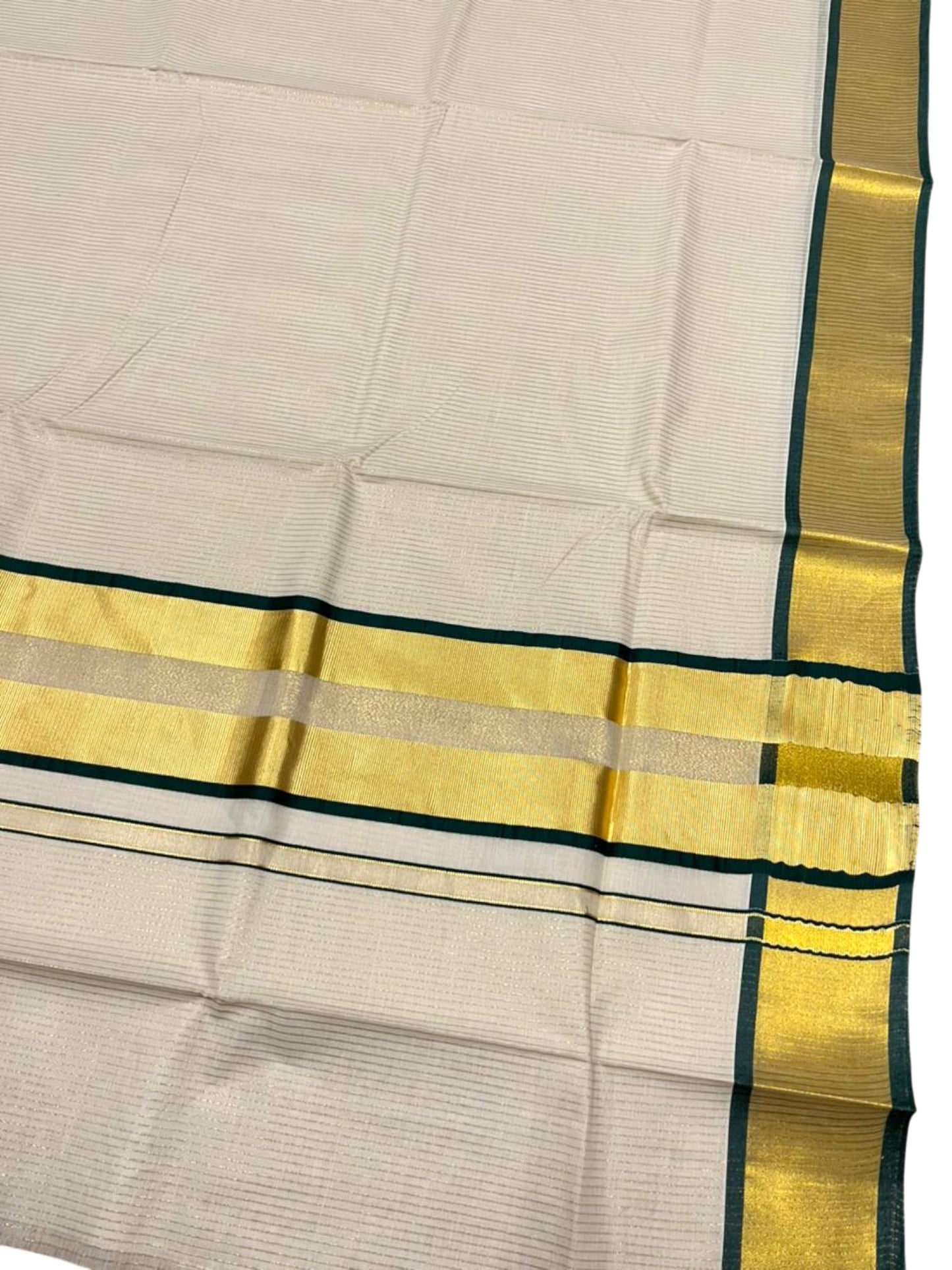 Southloom Kerala Cotton Kasavu Saree with Micro Stripes on Body In Green Border SL361