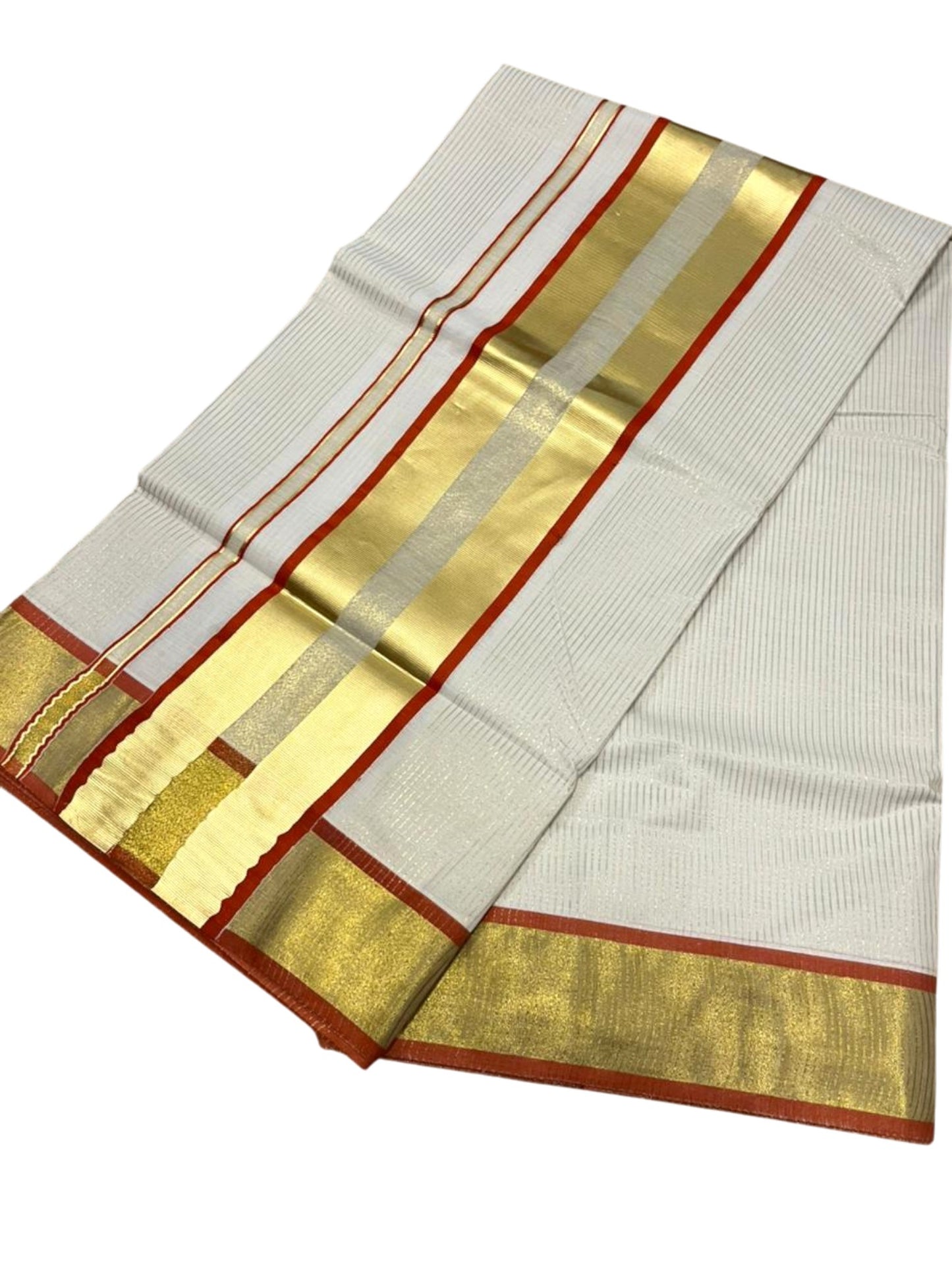 Southloom Kerala Cotton Kasavu Saree with Micro Stripes on Body In Orange Border SL361