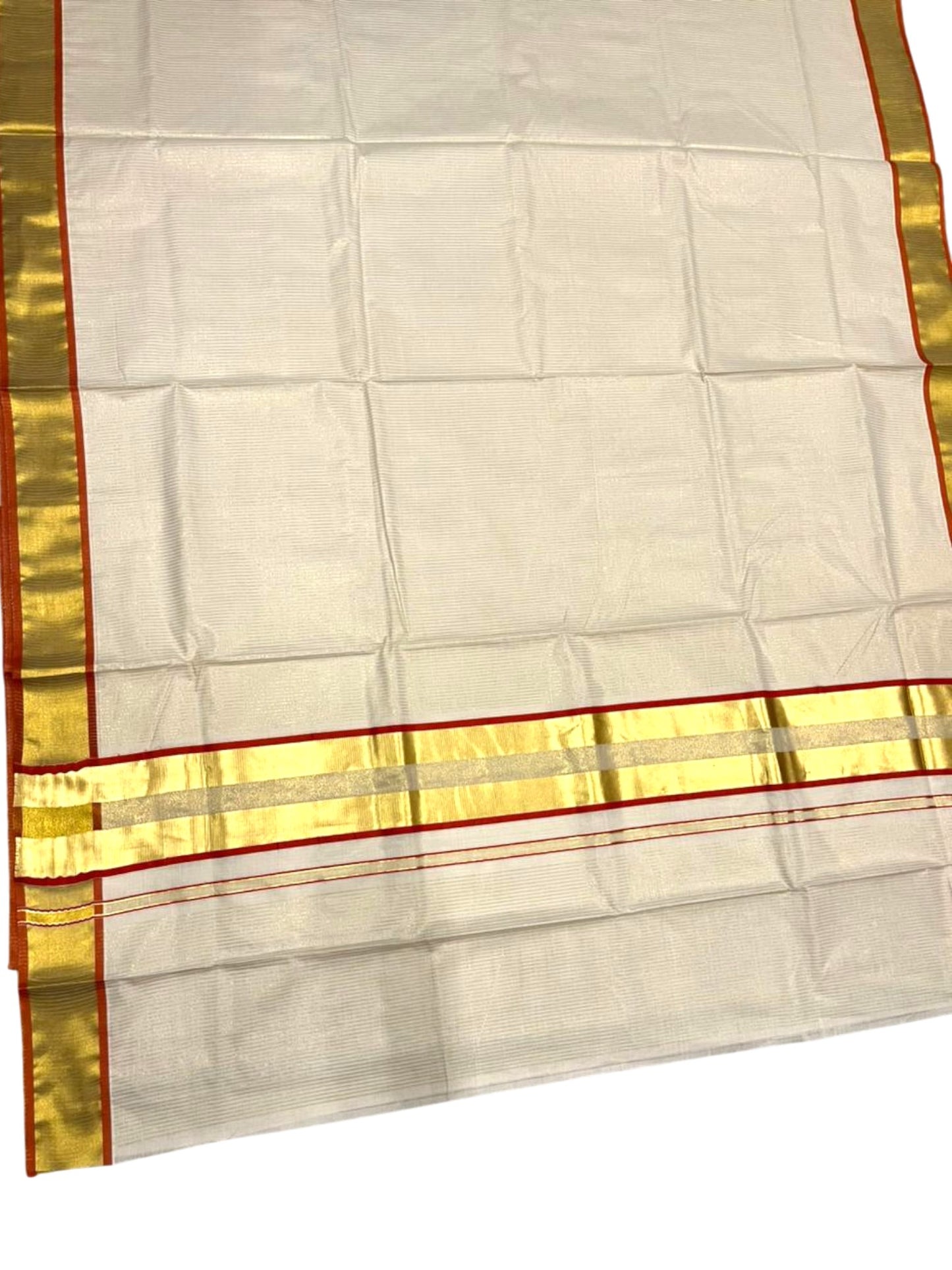 Southloom Kerala Cotton Kasavu Saree with Micro Stripes on Body In Orange Border SL361