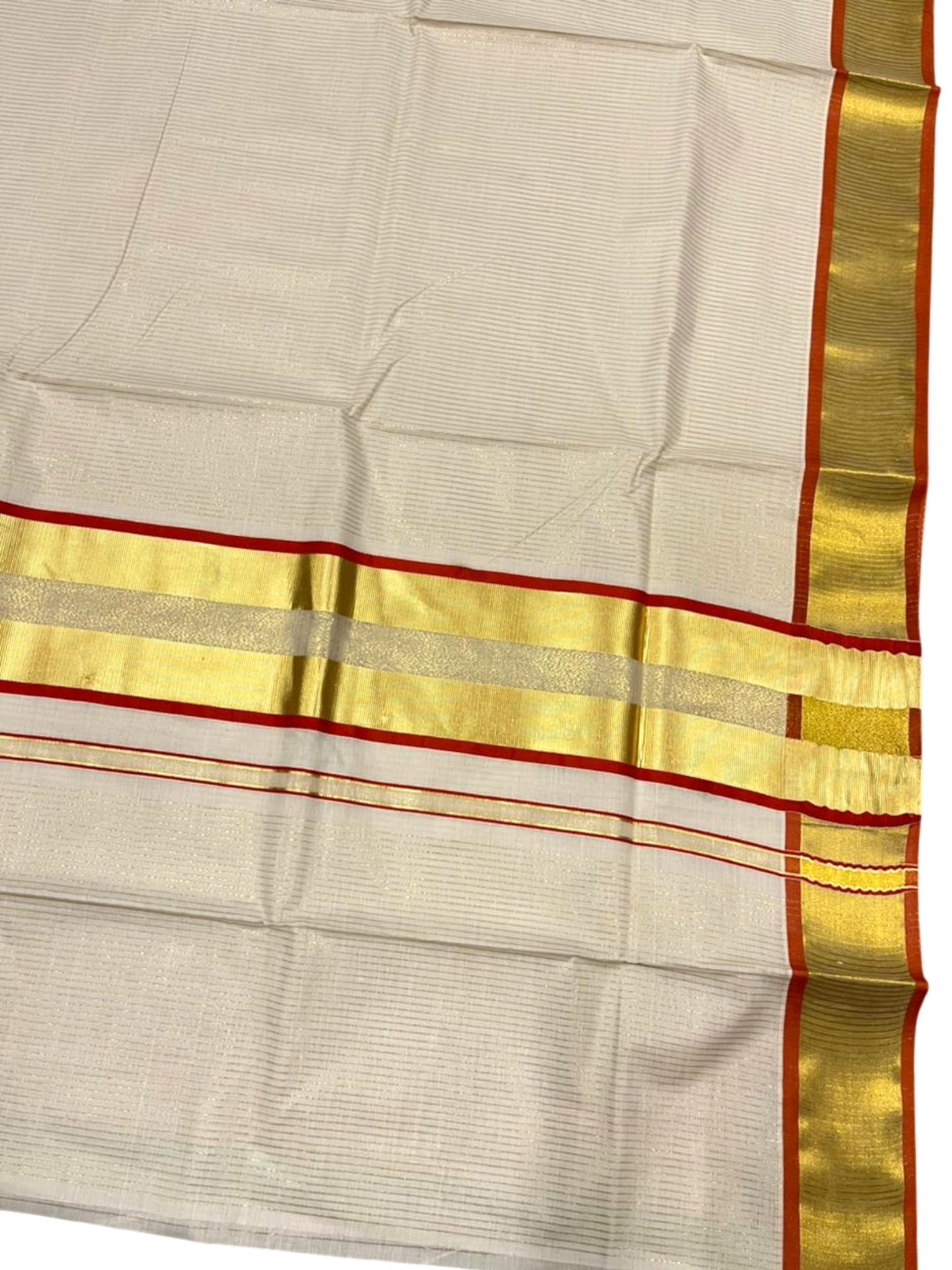 Southloom Kerala Cotton Kasavu Saree with Micro Stripes on Body In Orange Border SL361