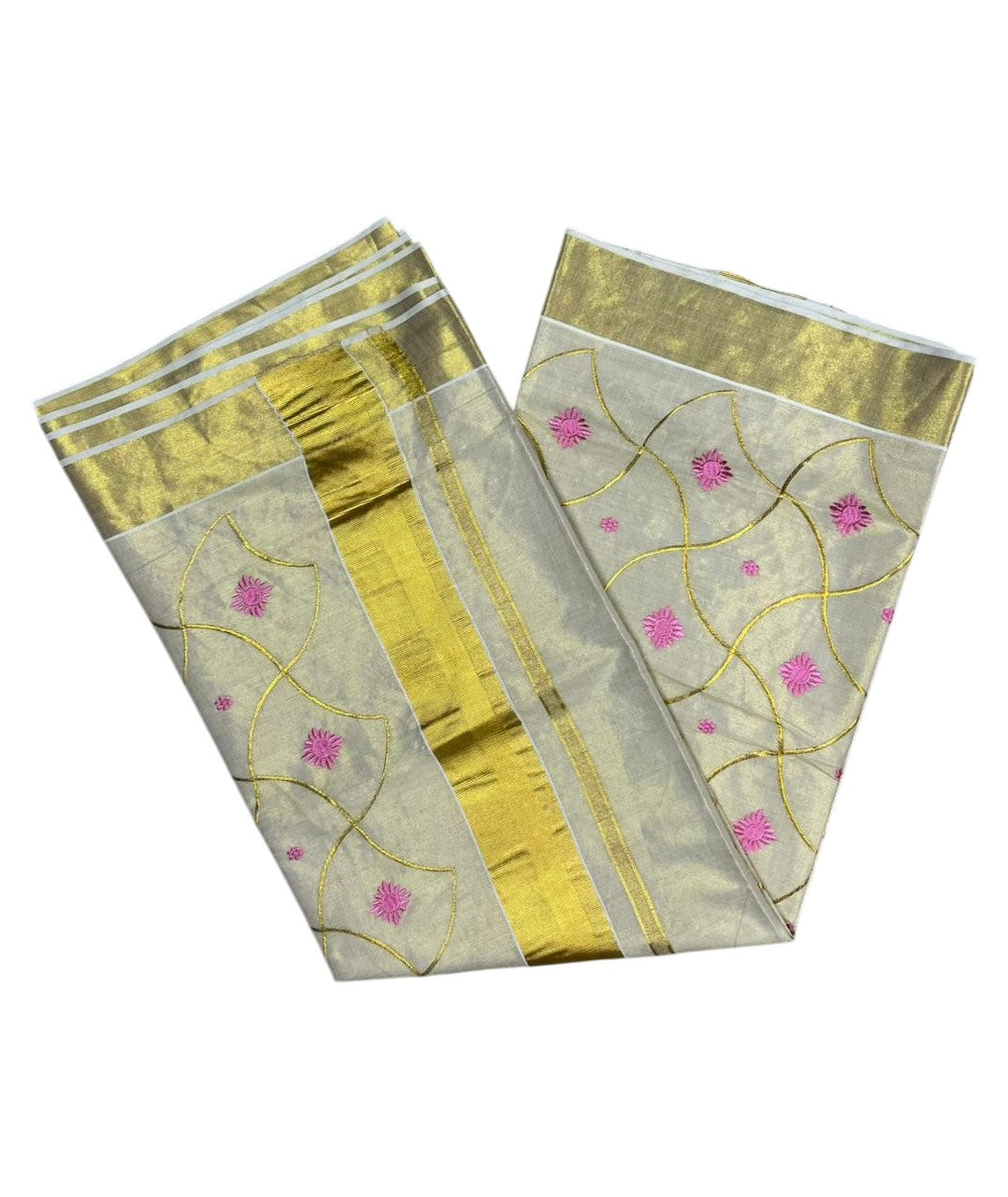 Southloom Tissue Kerala Kasavu Saree with Floral Embroidery Work on Body in Pink