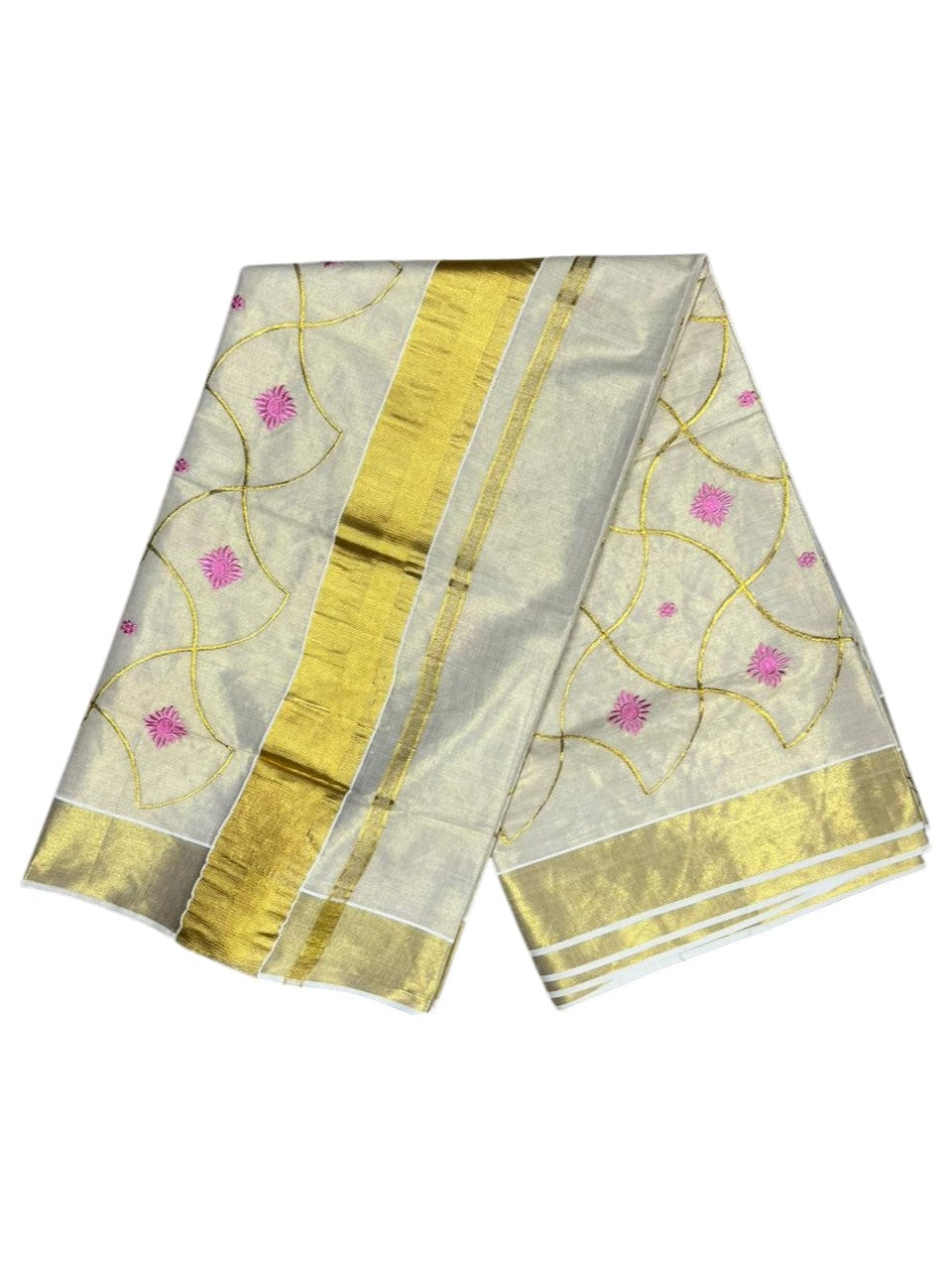 Southloom Tissue Kerala Kasavu Saree with Floral Embroidery Work on Body in Pink