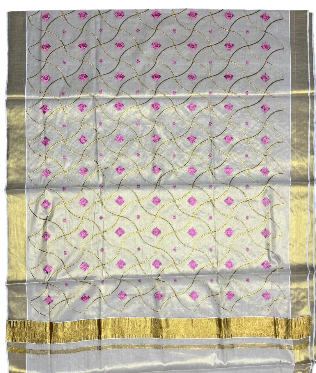 Southloom Tissue Kerala Kasavu Saree with Floral Embroidery Work on Body in Pink