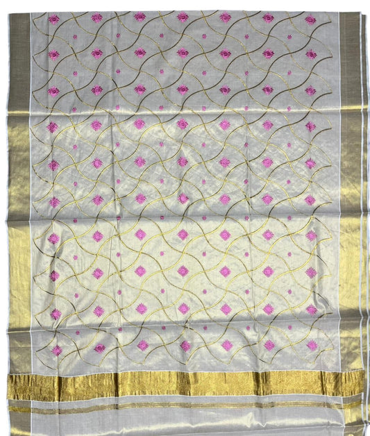 Southloom Tissue Kerala Kasavu Saree with Floral Embroidery Work on Body in Pink
