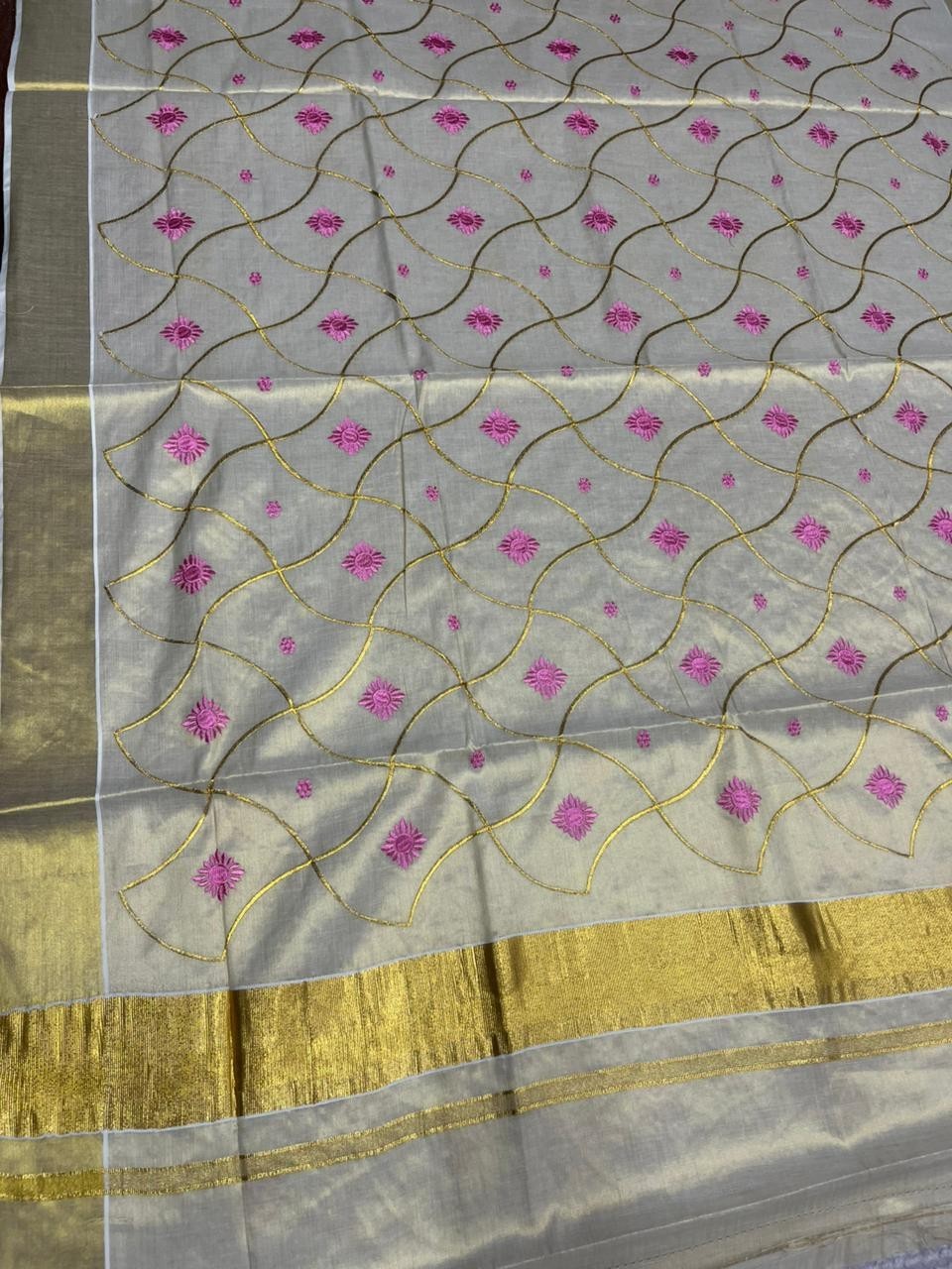 Southloom Tissue Kerala Kasavu Saree with Floral Embroidery Work on Body in Pink