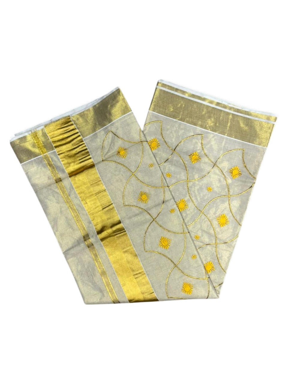 Southloom Tissue Kerala Kasavu Saree with Floral Embroidery Work on Body in Yellow