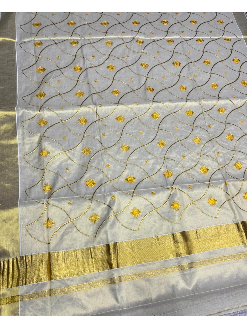 Southloom Tissue Kerala Kasavu Saree with Floral Embroidery Work on Body in Yellow