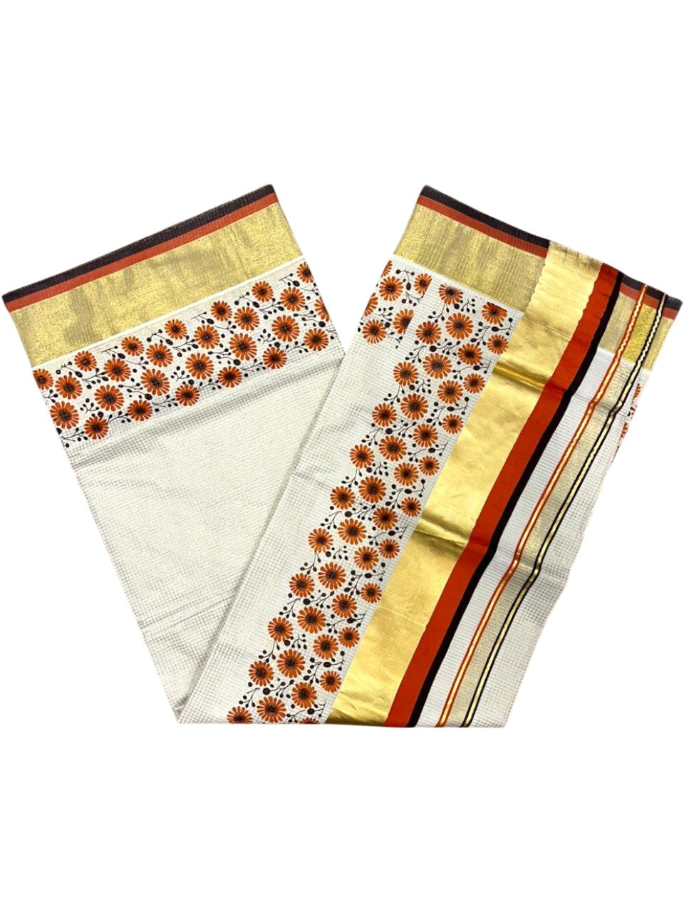 Southloom Kerala Cotton Kasavu Saree with Micro Check And Floral Design on Body In Orange And Black Border