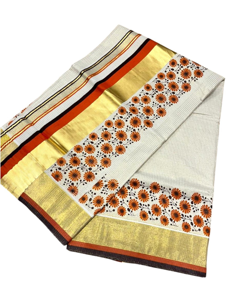Southloom Kerala Cotton Kasavu Saree with Micro Check And Floral Design on Body In Orange And Black Border