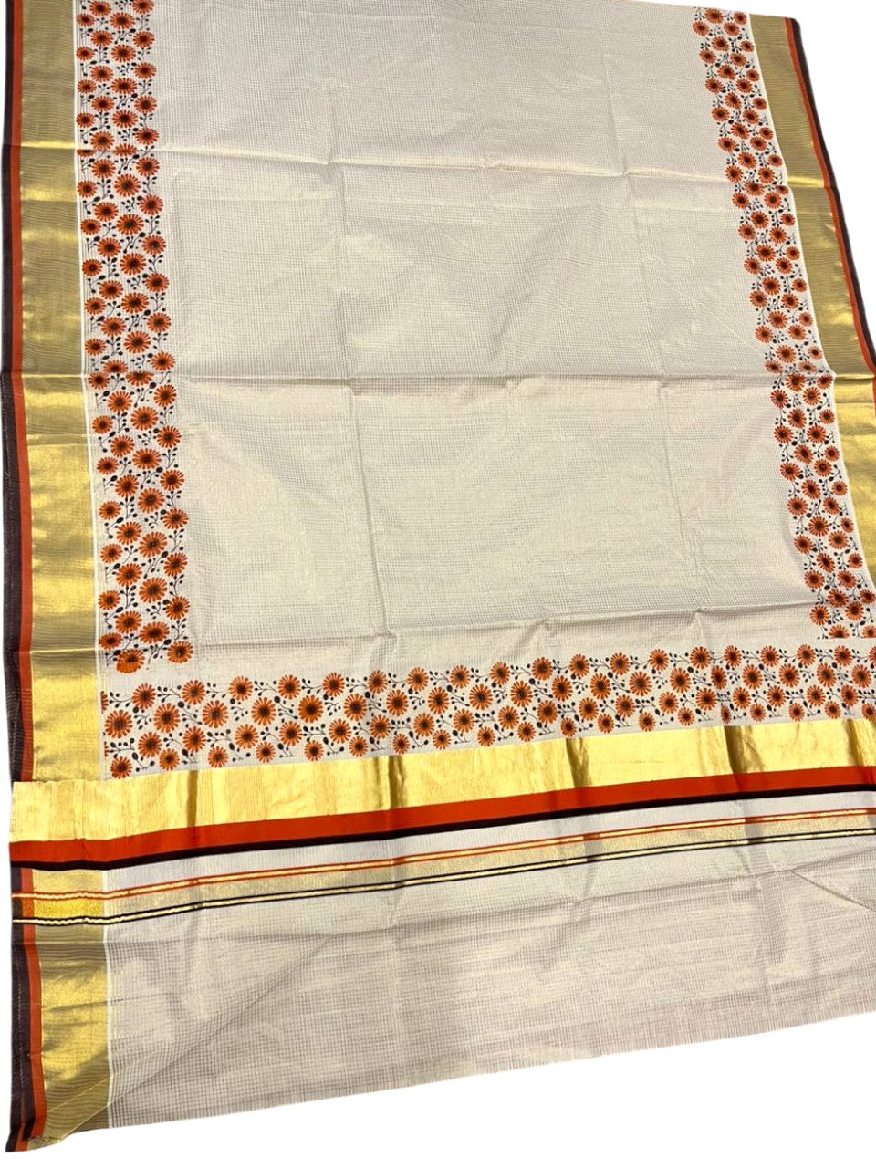 Southloom Kerala Cotton Kasavu Saree with Micro Check And Floral Design on Body In Orange And Black Border