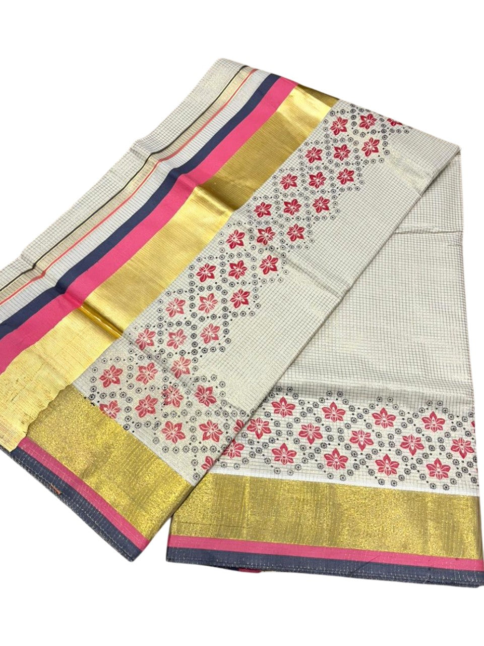 Southloom Kerala Cotton Kasavu Saree with Micro Check And Floral Design on Body In Pink And Grey Border SL357