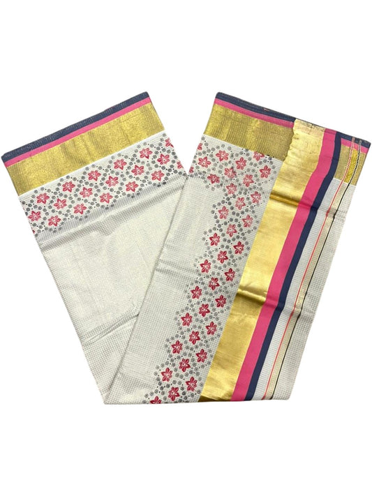 Southloom Kerala Cotton Kasavu Saree with Micro Check And Floral Design on Body In Pink And Grey Border SL357