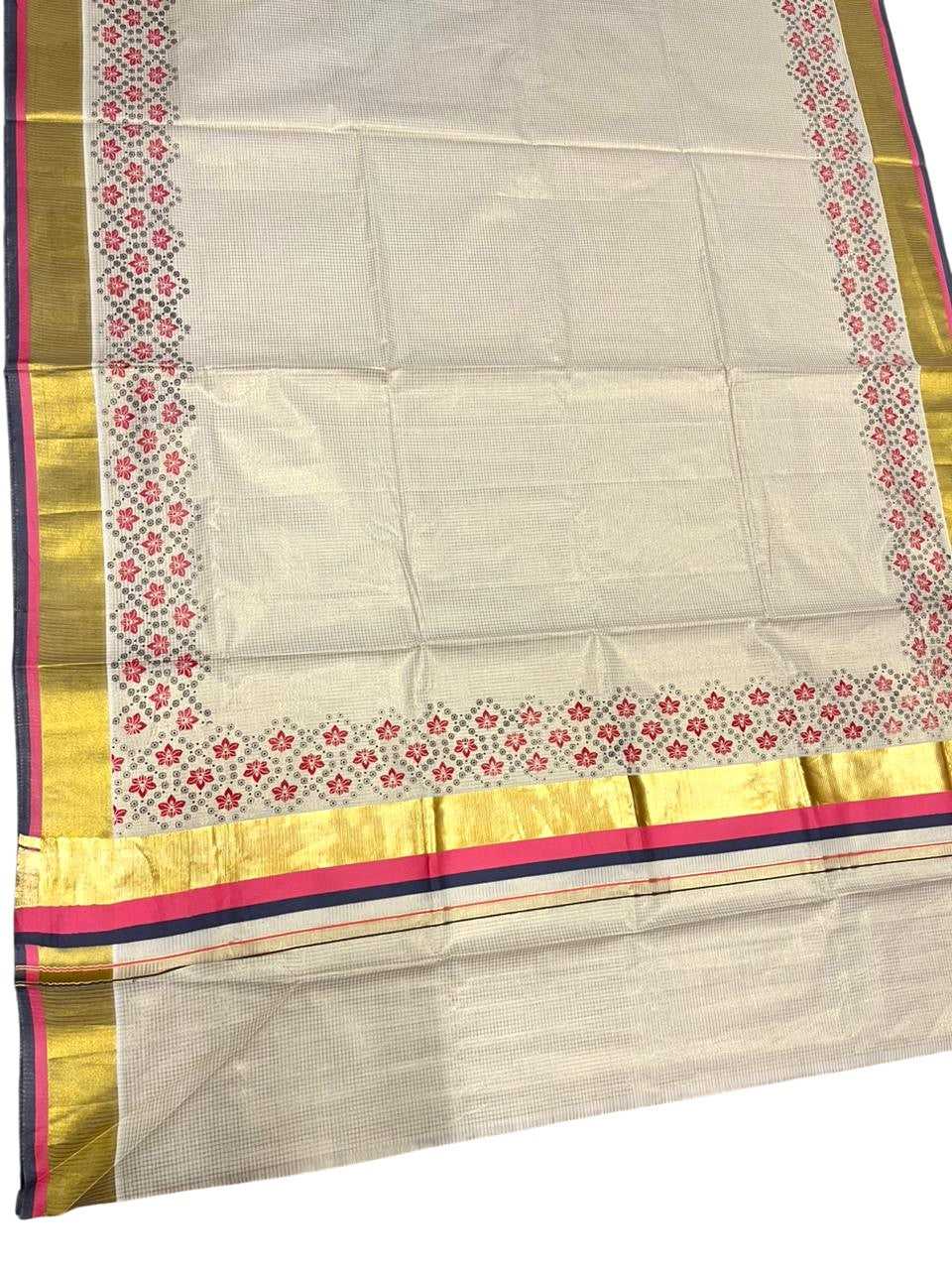 Southloom Kerala Cotton Kasavu Saree with Micro Check And Floral Design on Body In Pink And Grey Border SL357