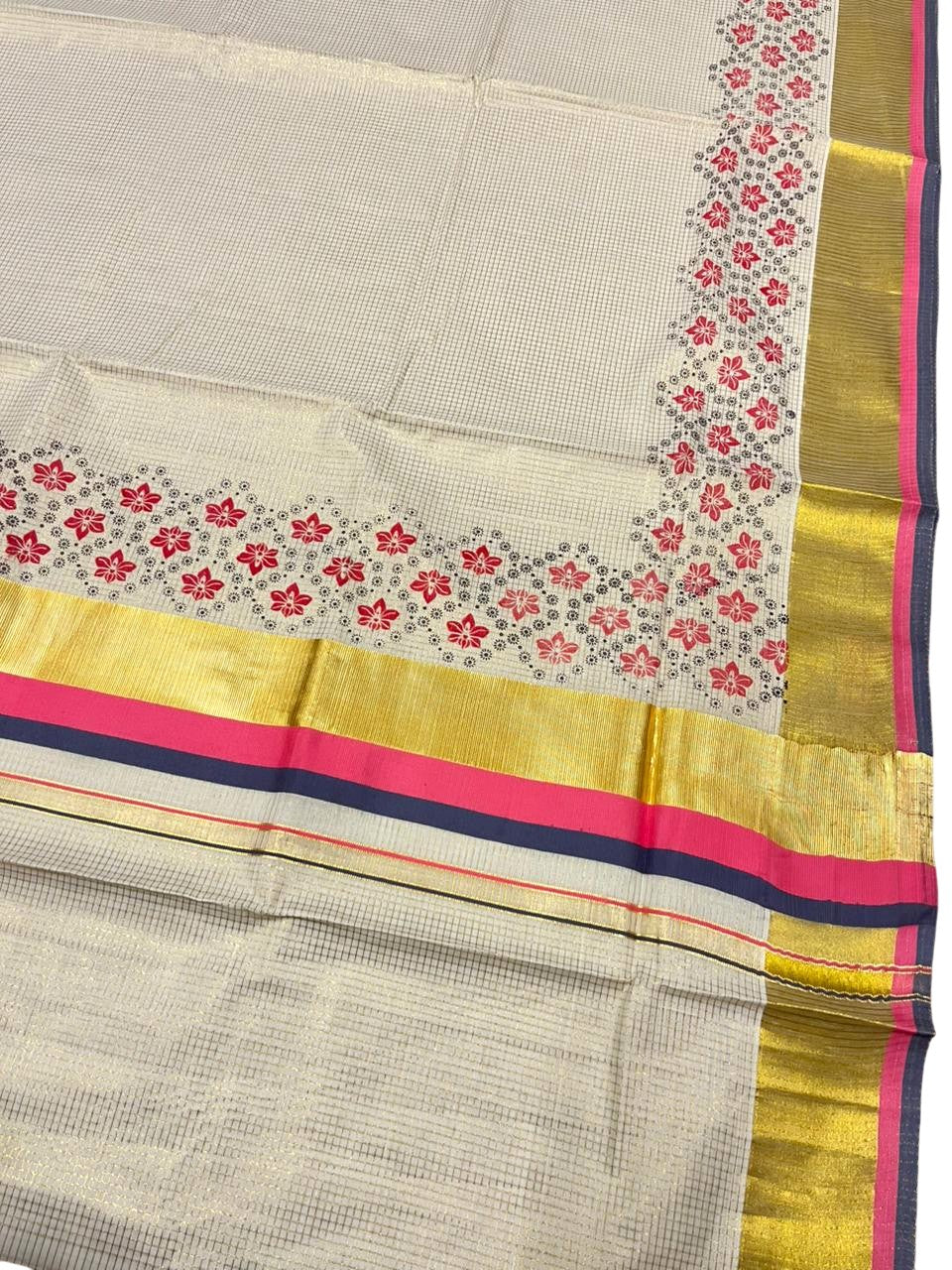 Southloom Kerala Cotton Kasavu Saree with Micro Check And Floral Design on Body In Pink And Grey Border SL357