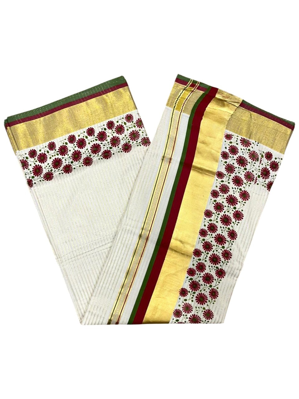 Southloom Kerala Cotton Kasavu Saree with Stripes And Floral Design on Body In Maroon and Olive Green Border SL357