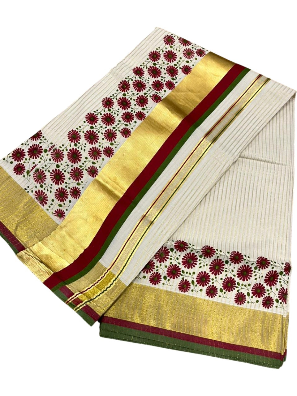 Southloom Kerala Cotton Kasavu Saree with Stripes And Floral Design on Body In Maroon and Olive Green Border SL357