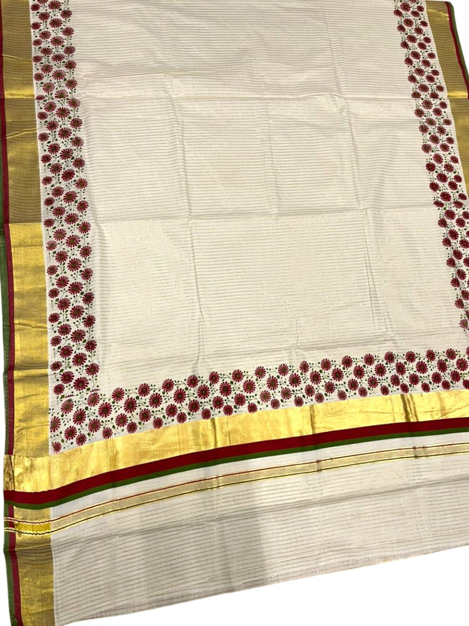 Southloom Kerala Cotton Kasavu Saree with Stripes And Floral Design on Body In Maroon and Olive Green Border SL357