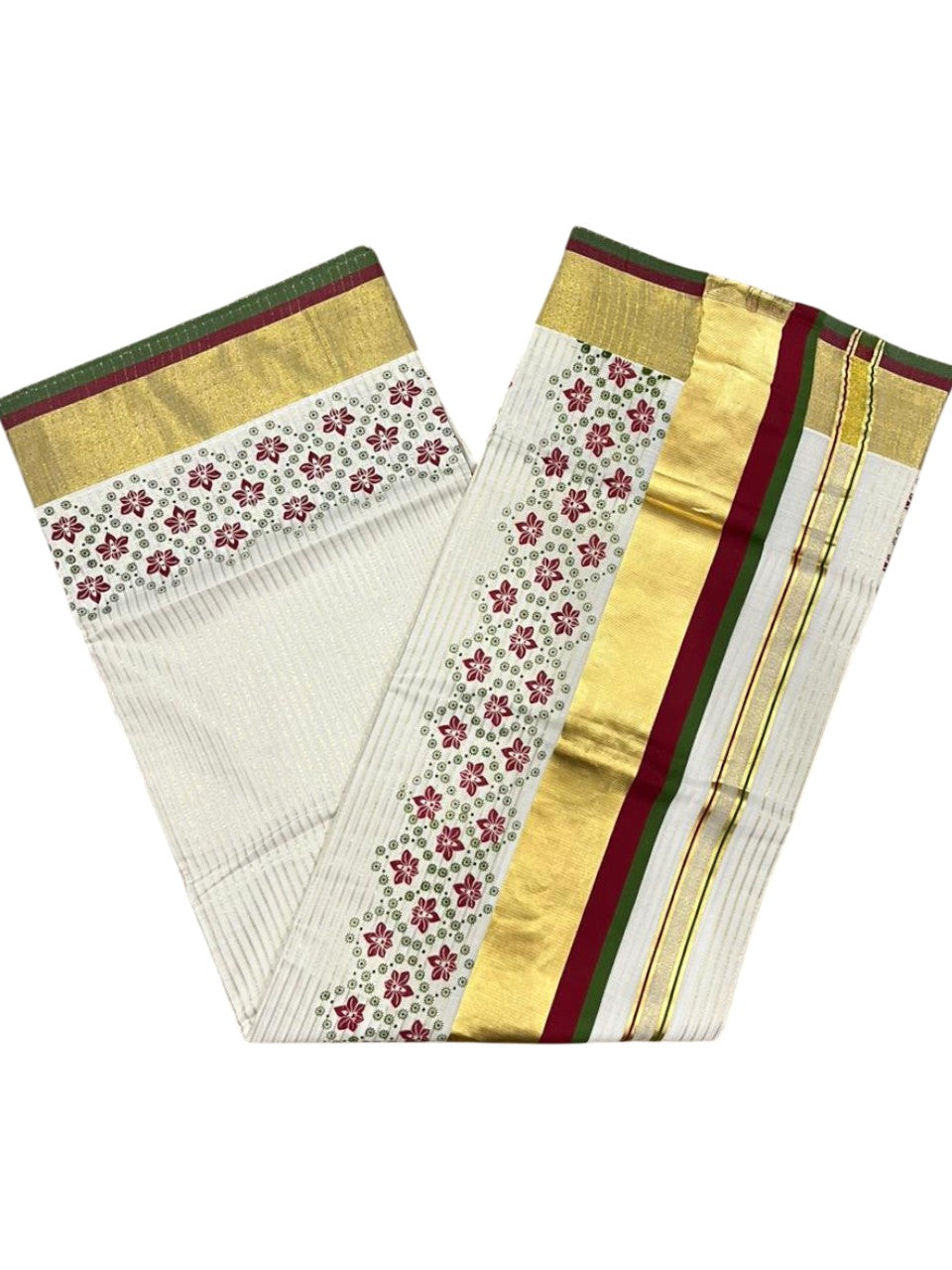 Southloom Kerala Cotton Kasavu Saree with Stripes And Floral Design on Body In Maroon and Olive Green Border SL357