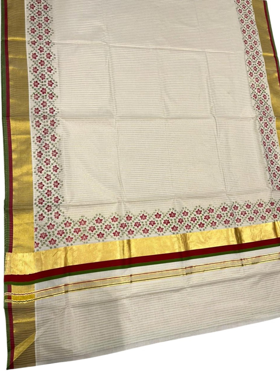 Southloom Kerala Cotton Kasavu Saree with Stripes And Floral Design on Body In Maroon and Olive Green Border SL357