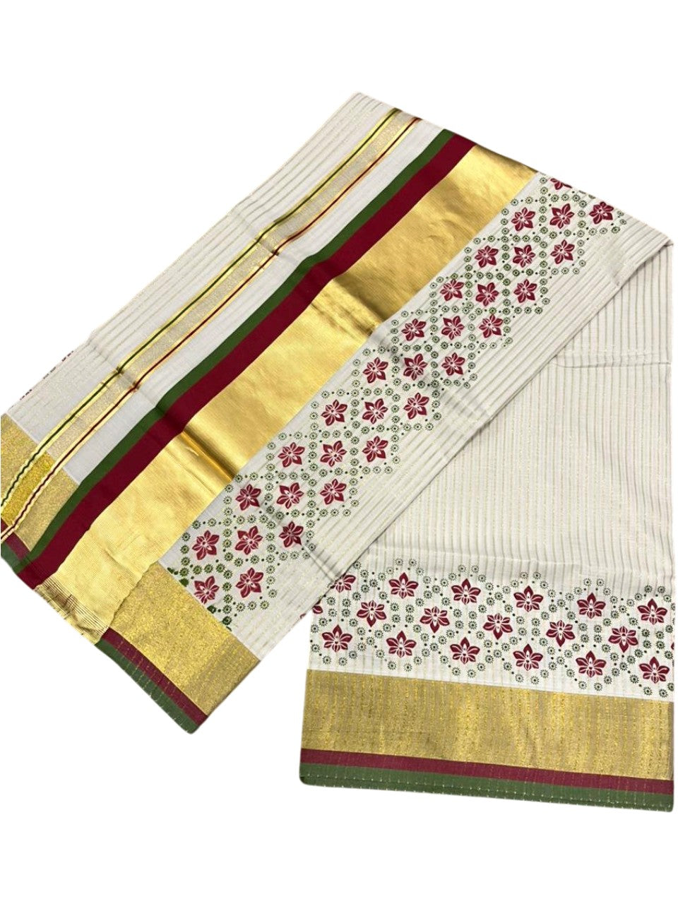Southloom Kerala Cotton Kasavu Saree with Stripes And Floral Design on Body In Maroon and Olive Green Border SL357