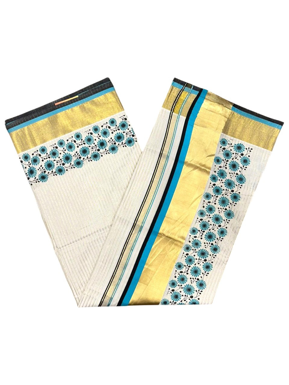 Southloom Kerala Cotton Kasavu Saree with Stripes And Floral Design on Body In Turquoise Border SL357