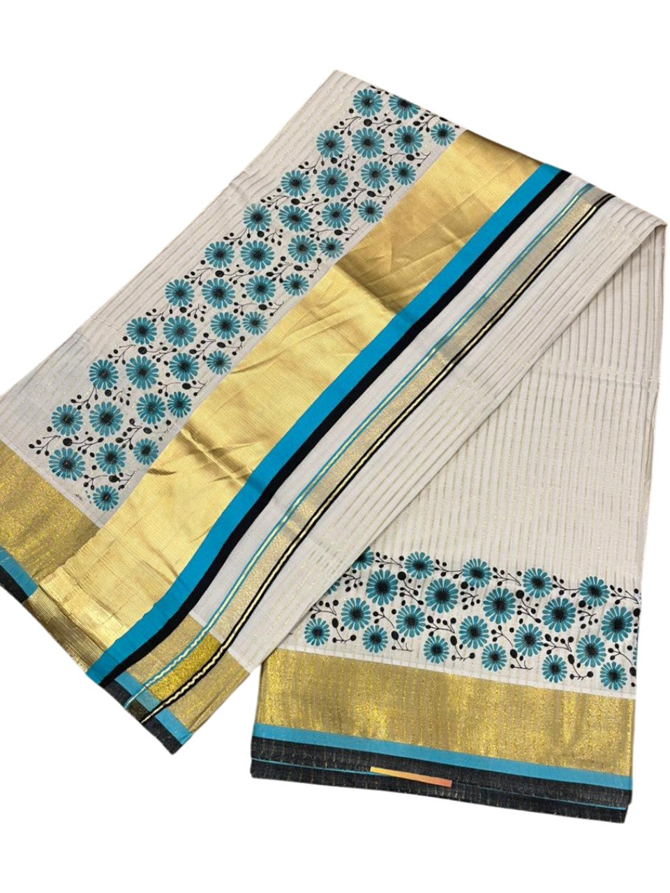 Southloom Kerala Cotton Kasavu Saree with Stripes And Floral Design on Body In Turquoise Border SL357