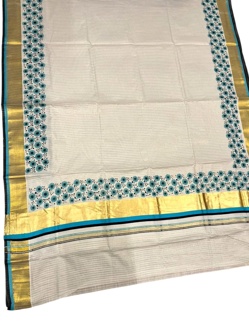Southloom Kerala Cotton Kasavu Saree with Stripes And Floral Design on Body In Turquoise Border SL357