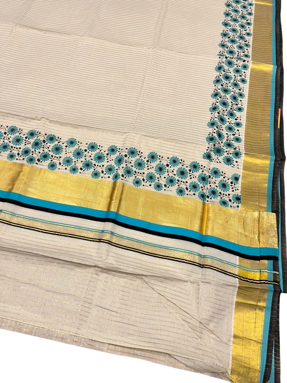 Southloom Kerala Cotton Kasavu Saree with Stripes And Floral Design on Body In Turquoise Border SL357