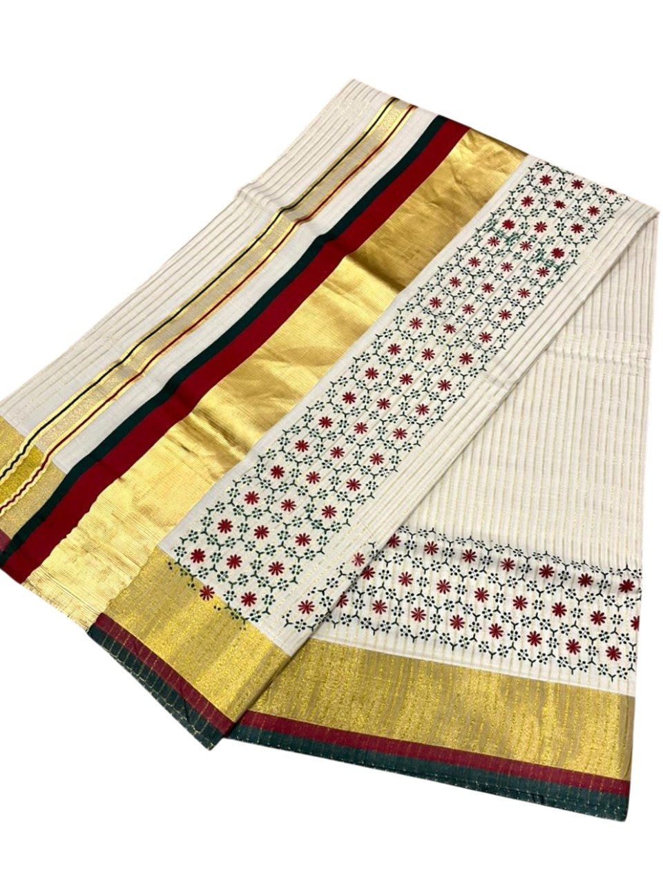 Southloom Kerala Cotton Kasavu Saree with Micro Stripes And Floral Design on Body In Red & Black Border SL357
