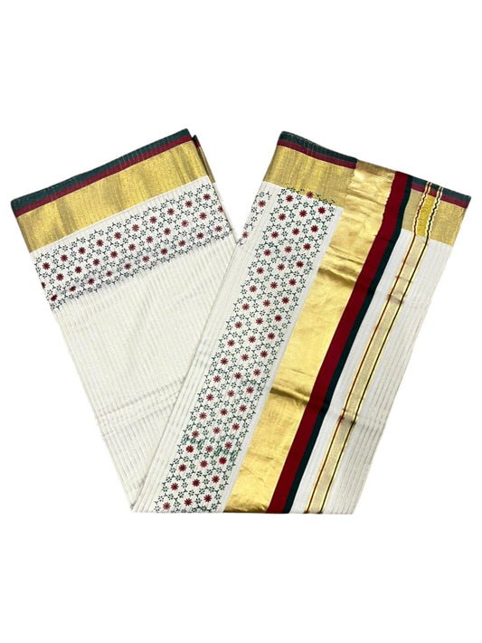 Southloom Kerala Cotton Kasavu Saree with Micro Stripes And Floral Design on Body In Red & Black Border SL357