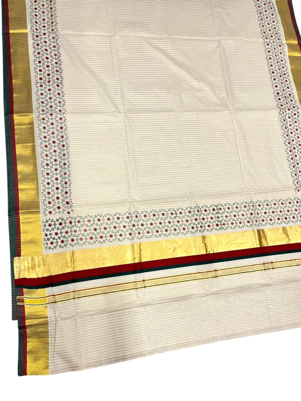 Southloom Kerala Cotton Kasavu Saree with Micro Stripes And Floral Design on Body In Red & Black Border SL357